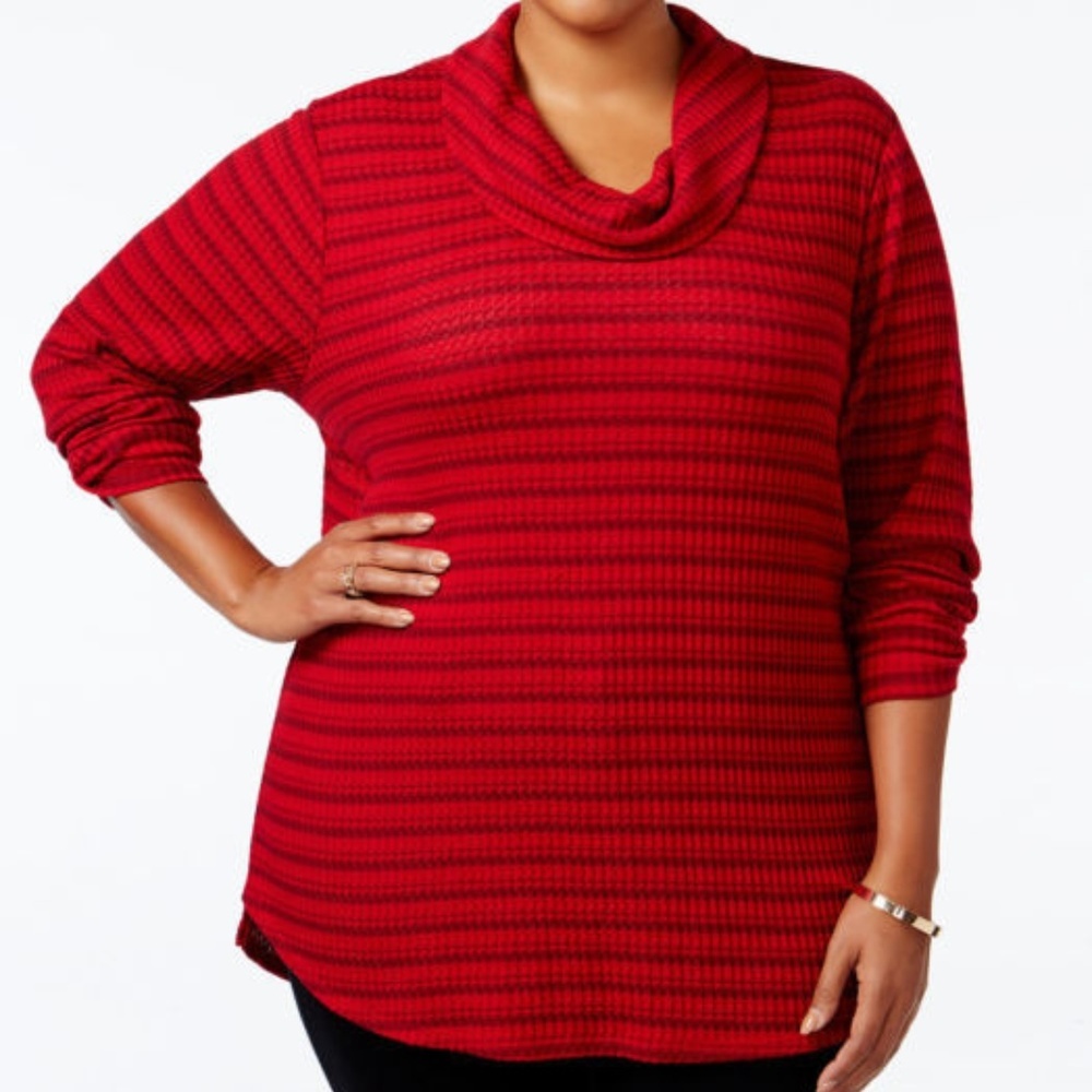 Style & Co. Red Ribbed Knit Striped Cowl Neck Sweater NTW